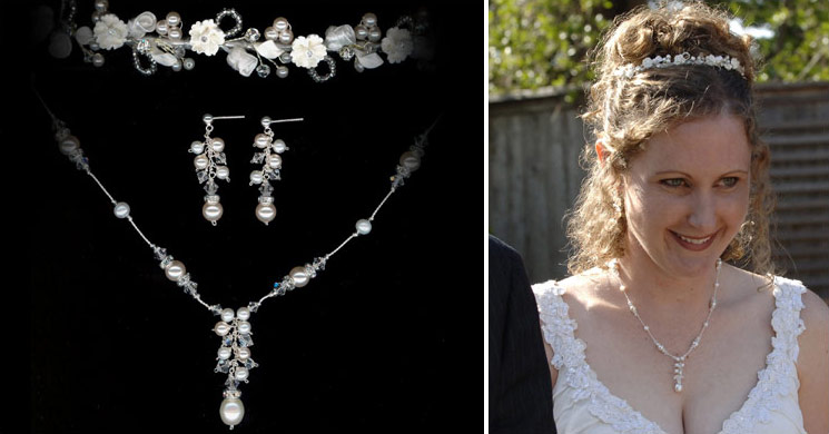 Bridal tiara with porcelain flowers, pearls, and crystals