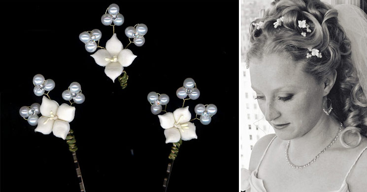 Handmade porcelain flowers and pearl cluster hairpins